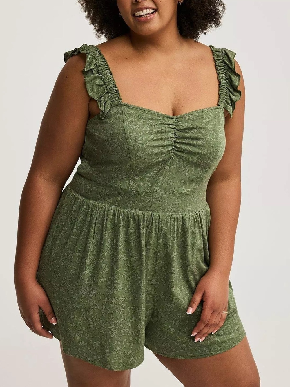 Torrid Olive Green Ruffle Strap Romper Plus Size 6X Floral Boho Cottagecore